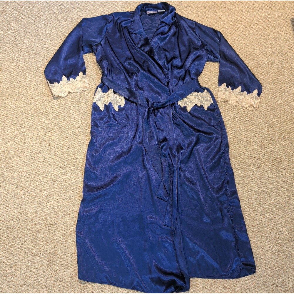 Jaclyn Smith Studio Intimates Satin Robe Womens M Blue Lace Trim Long Belted
